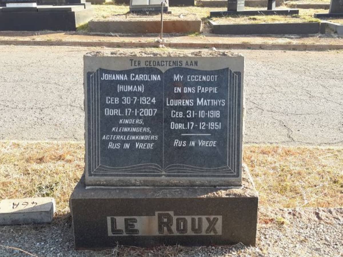 ROUX Lourens Matthys, le 1918-1951 &amp; Johanna Carolina HUMAN 1924-2007