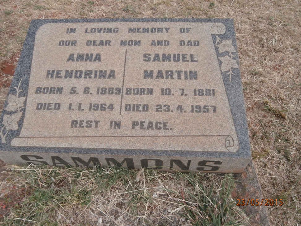 SAMMONS Samuel Martin 1881-1957 &amp; Anna Hendrina 1889-1964