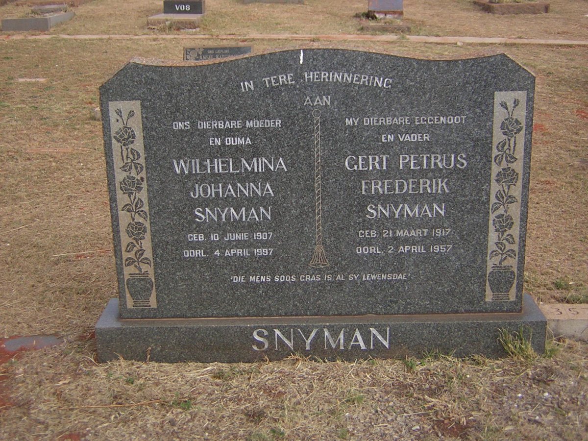 SNYMAN Gert Petrus Frederik 1917-1957 &amp; Wilhelmina Johanna 1907-1997