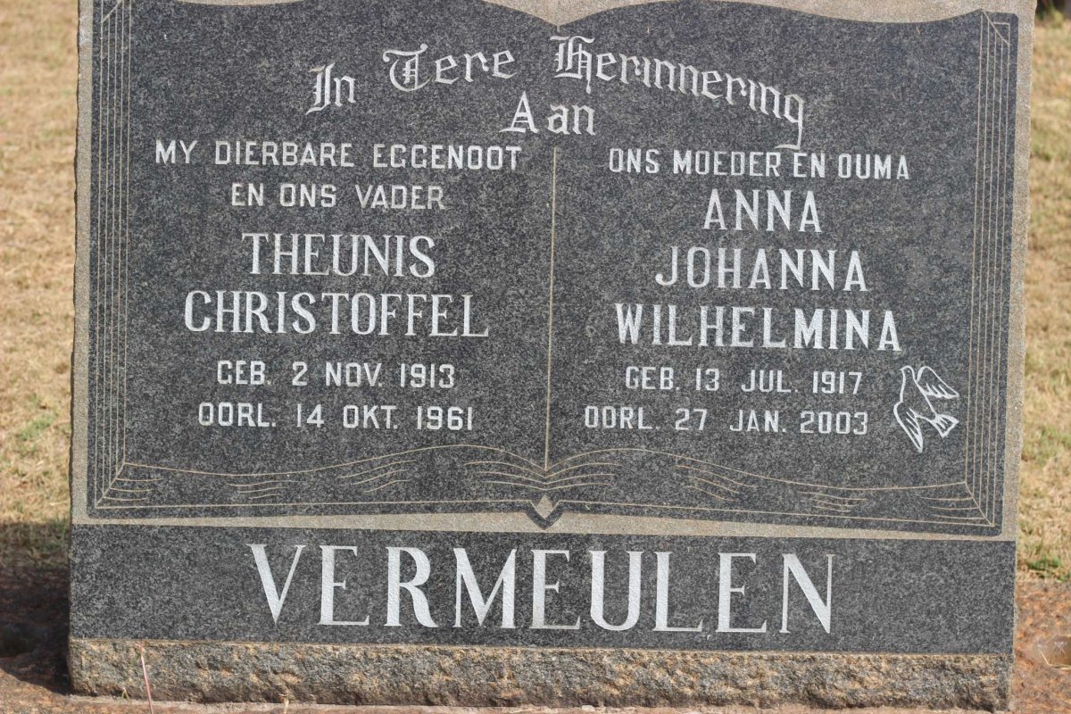 VERMEULEN Theunis Christoffel 1913-1961 &amp; Anna Johanna Wilhelmina 1917-2003