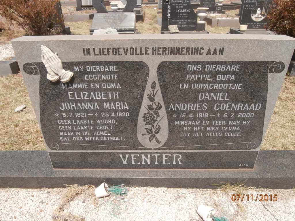 VENTER Daniel Andries Coenraad 1918-2000 &amp; Elizabeth Johanna Maria 1921-1980