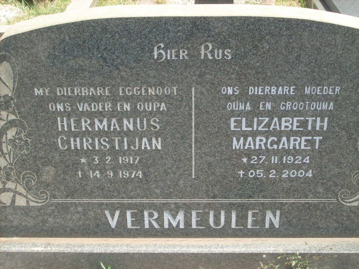 VERMEULEN Hermanus Christijan 1917-1974 &amp; Elizabeth Margaret 1924-2004