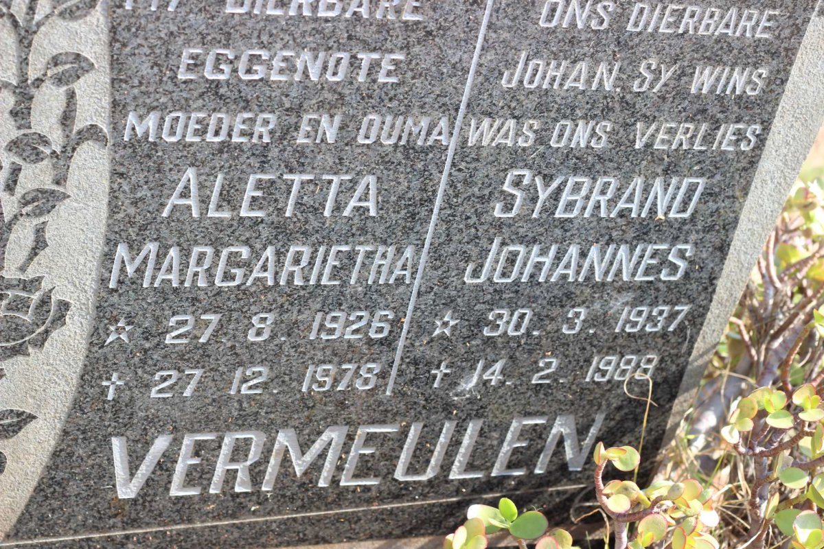 VERMEULEN Sybrand Johannes 1937-1988 &amp; Aletta Margarietha 1926-1978