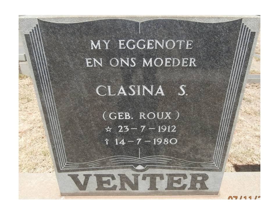 VENTER Clasina S. nee ROUX 1912-1980
