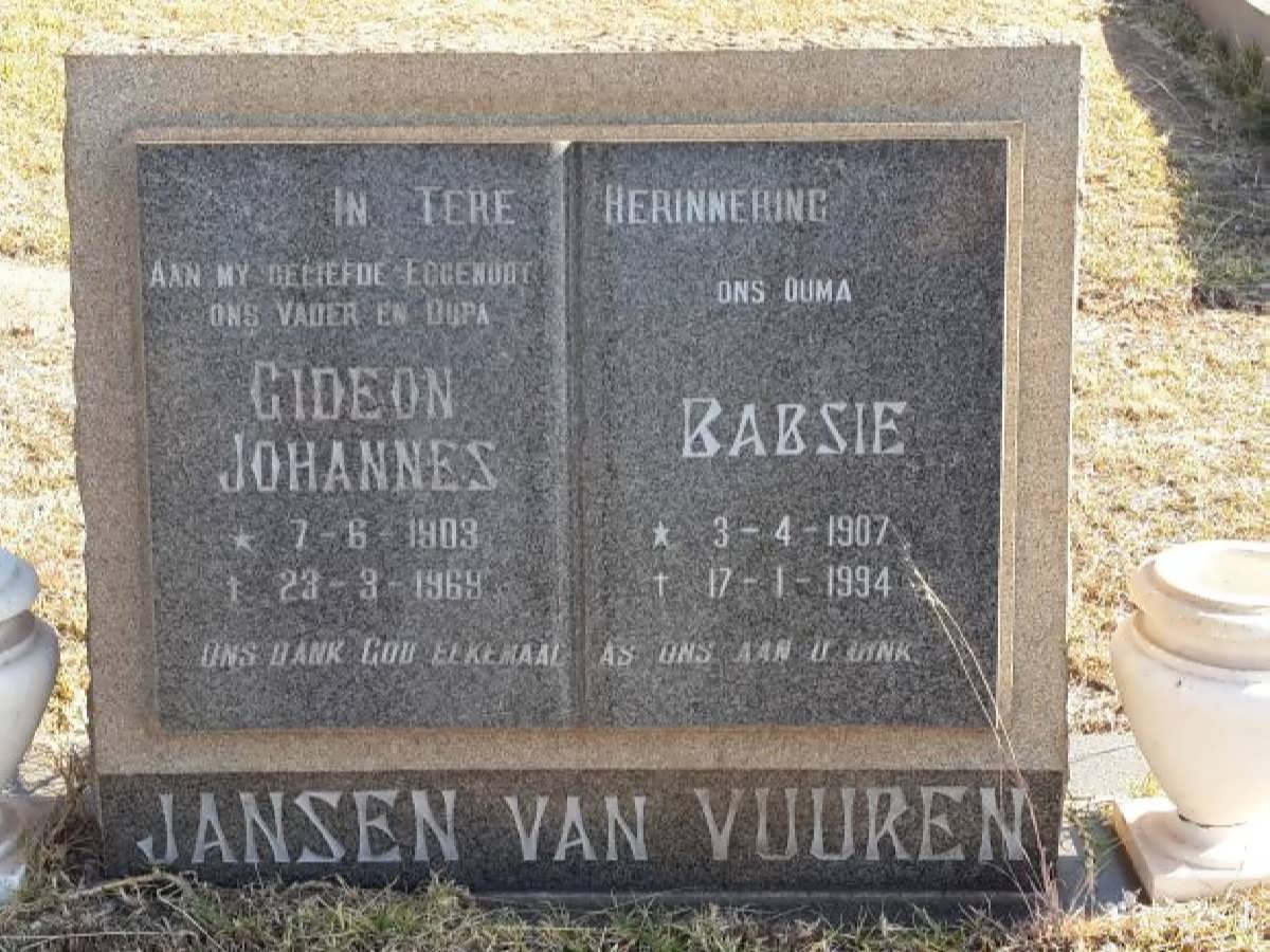 VUUREN Gideon Johannes, Jansen van 1903-1969 &amp; Babsie 1907-1994