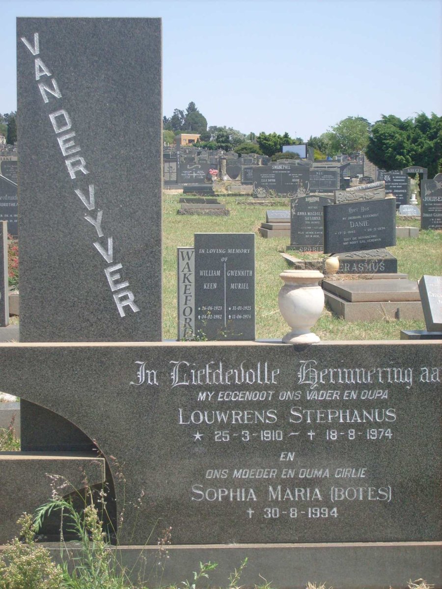 VYVER Louwrens Stephanus, van der 1910-1974 &amp; Sophia Maria BOTES -1994