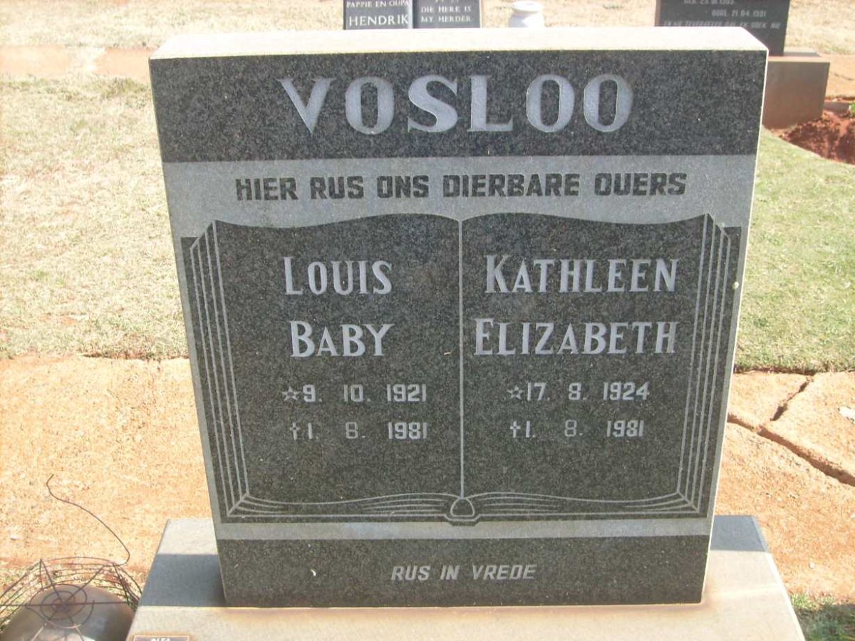 VOSLOO Louis Baby 1921-1981 &amp; Kathleen Elizabeth 1924-1981