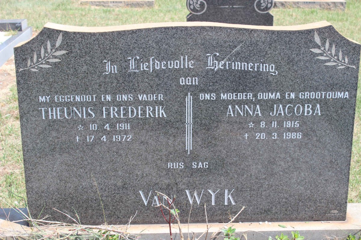 WYK Theunis Frederik, van 1911-1972 &amp; Anna Jacoba 1915-1986