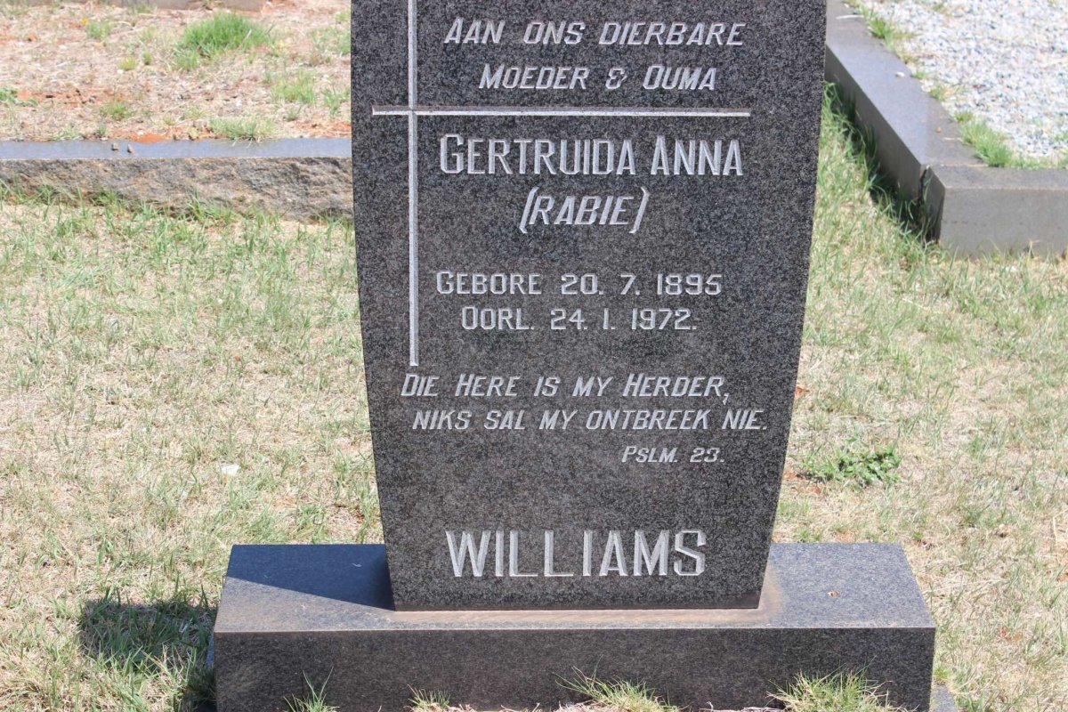 WILLIAMS Gertruida Anna nee RABIE 1895-1972