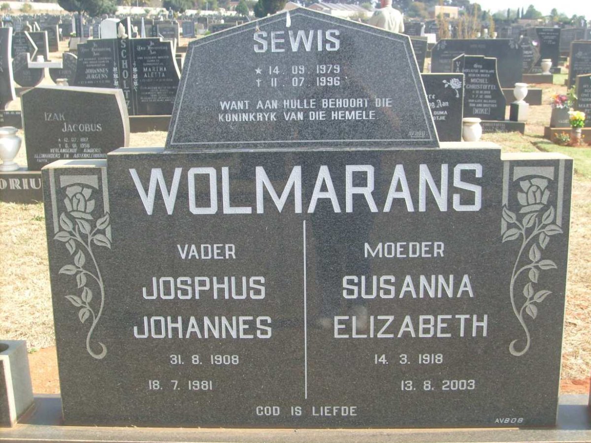 WOLMARANS Josphus Johannes 1908-1981 &amp; Susanna Elizabeth 1918-2003 :: WOLMARANS Sewis 1979-1996