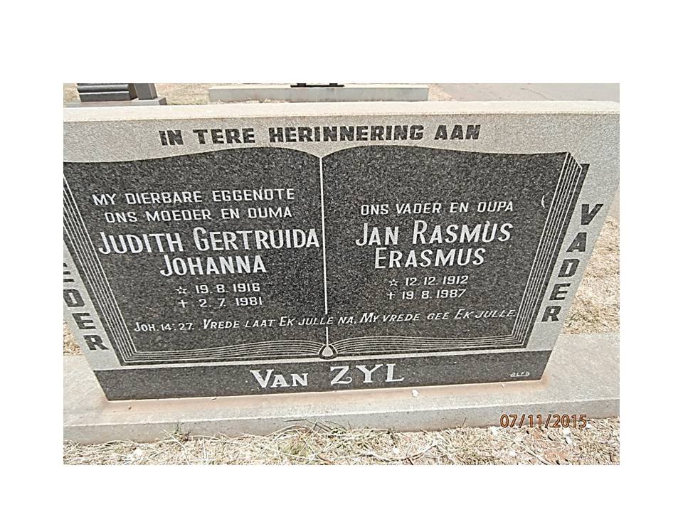 ZYL Jan Rasmus Erasmus, van 1912-1987 &amp; Judith Gertruida Johanna 1916-1981