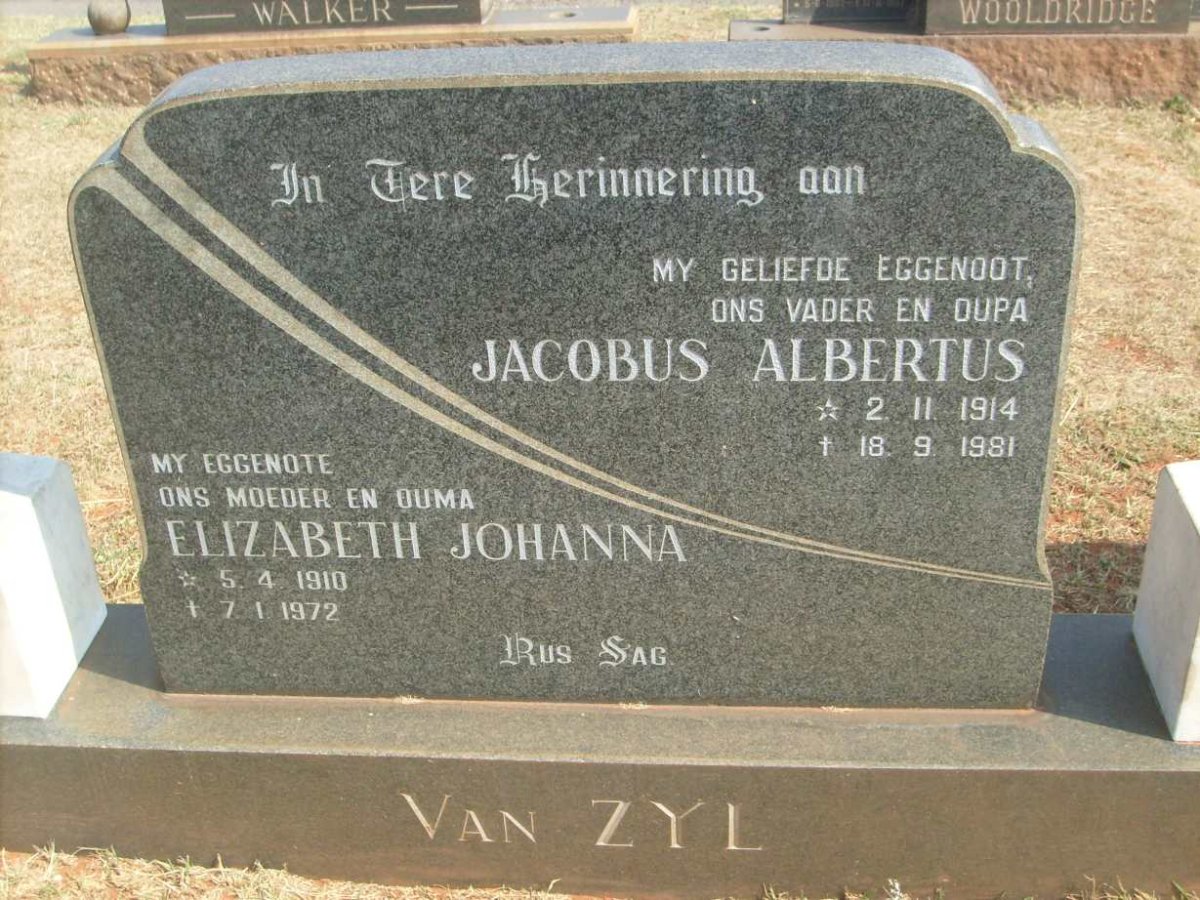 ZYL Jacobus Albertus, van 1914-1981 &amp; Elizabeth Johanna 1910-1972