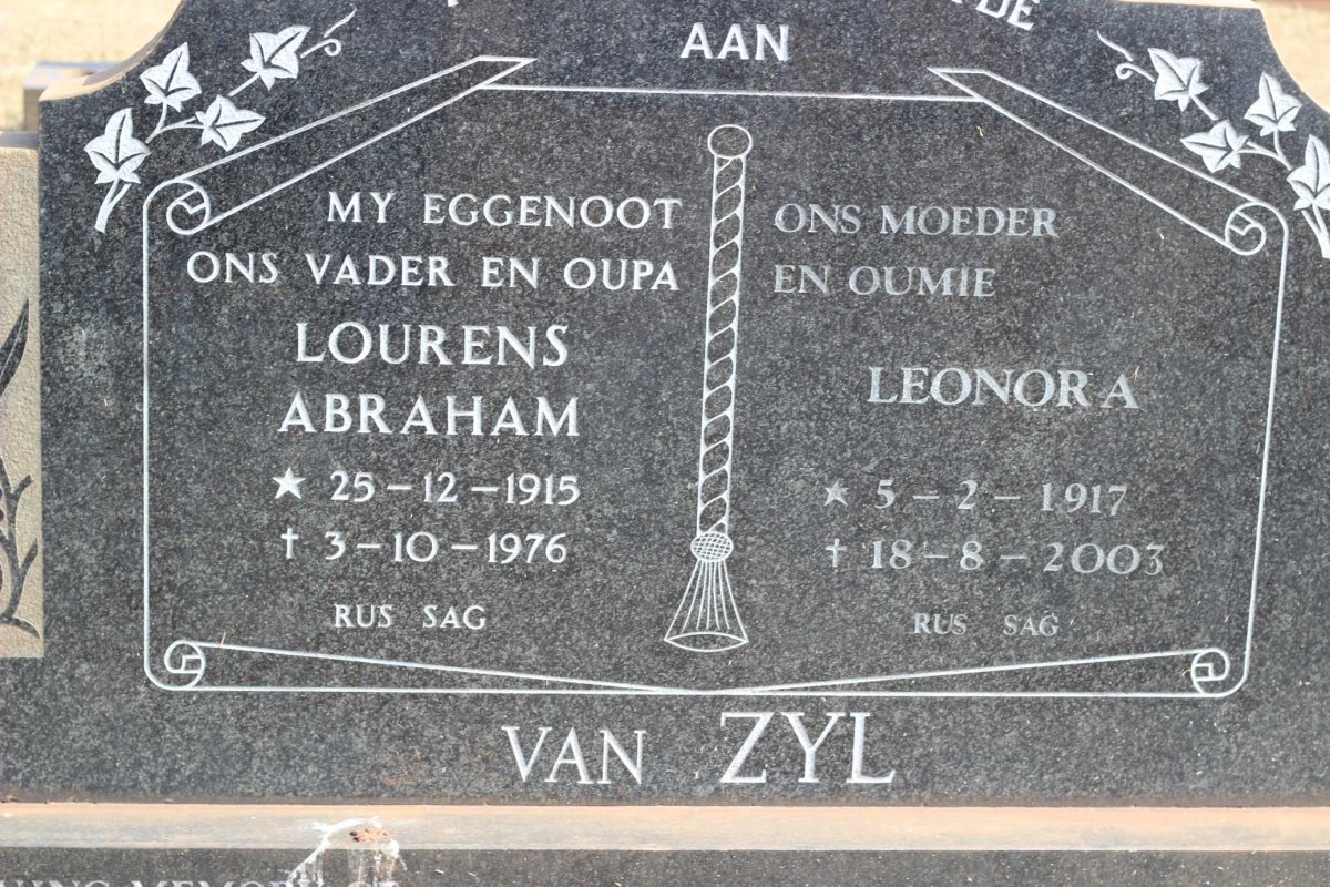ZYL Lourens Abraham, van 1915-1976 &amp; Leonora 1917-2003 :: VAN ZYL Sharon 1965-1998