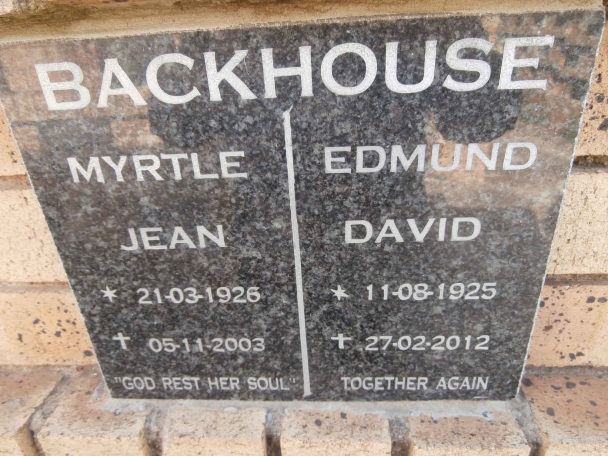 BACKHOUSE Edmund David 1925-2012 &amp; Myrtle Jean 1926-2003