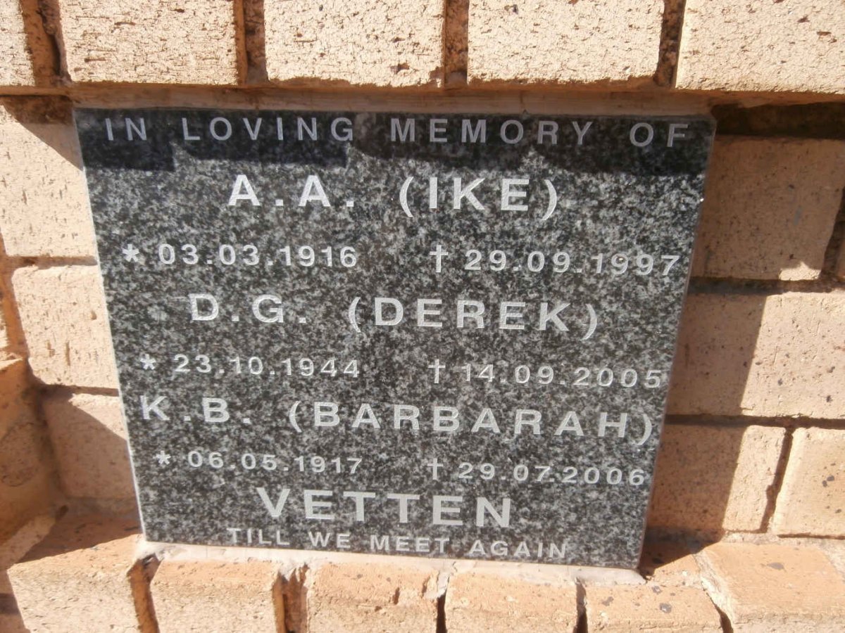 VETTEN A.A. 1916-1997 &amp; K.B. 1917-2006 :: VETTEN D.G. 1944-2005