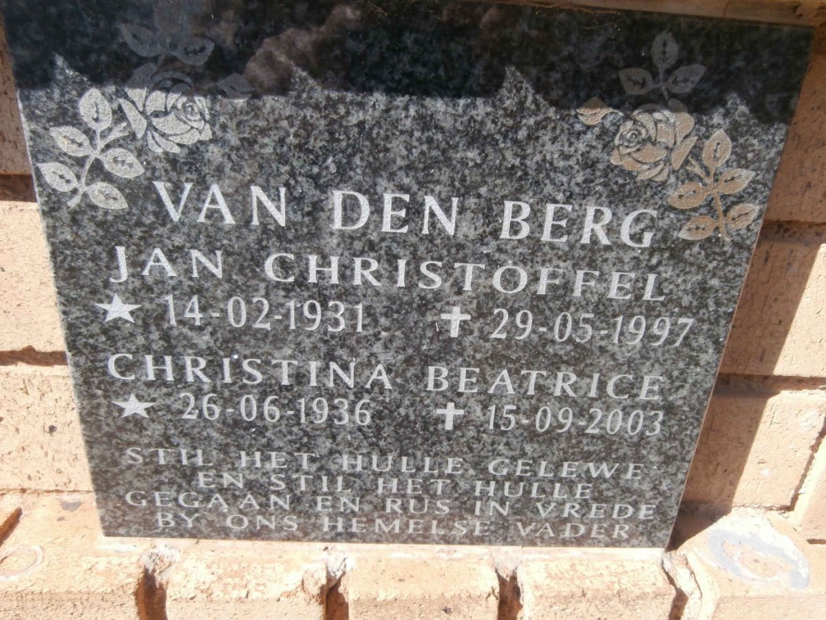 BERG Jan Christoffel, van den 1931-1997 &amp; Christina Beatrice 1936-2003