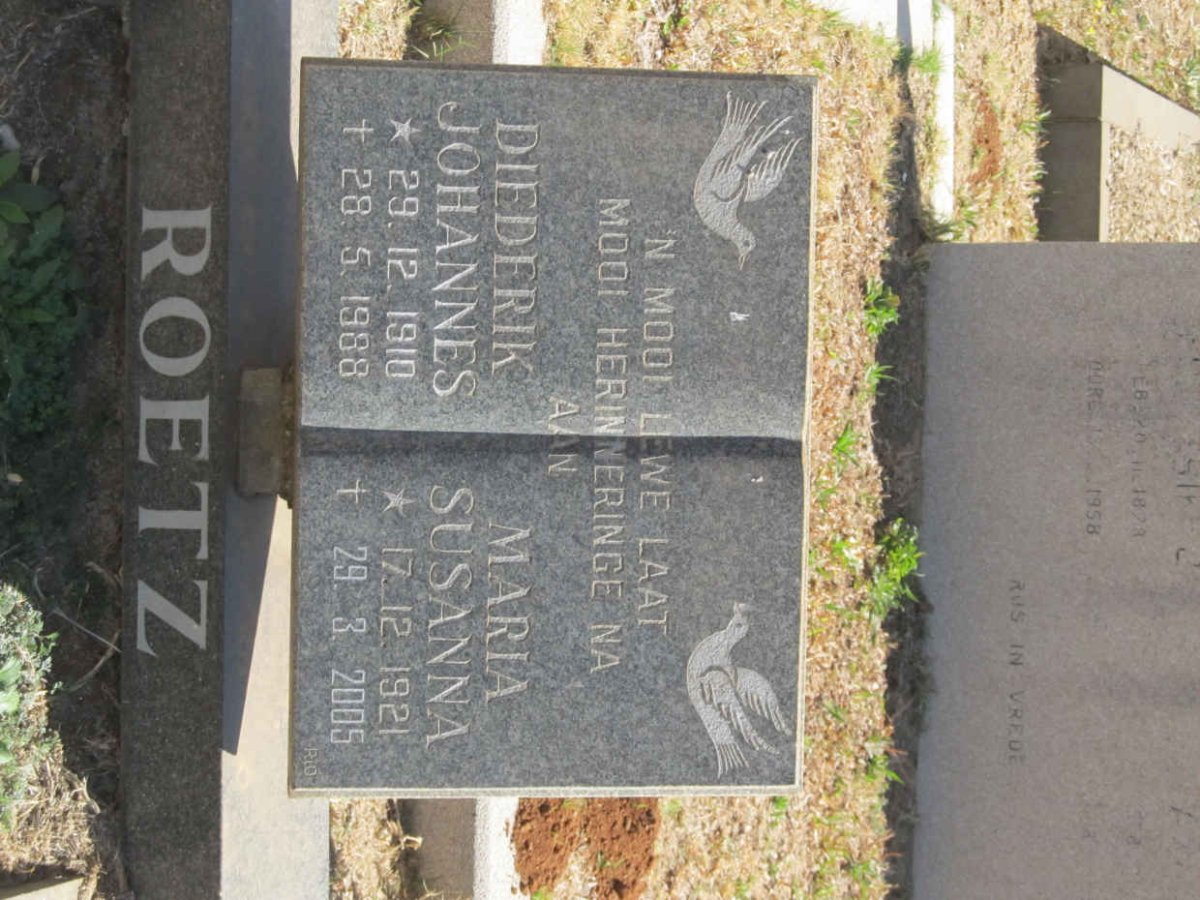 ROETZ Diederik Johannes 1910-1988 &amp; Maria Susanna 1921-2005