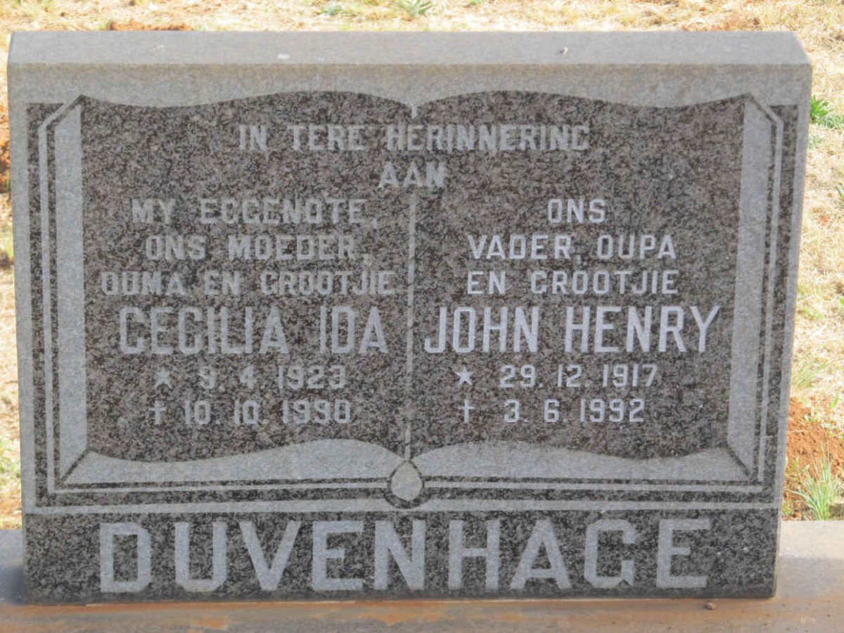 DUVENHAGE John Henry 1917-1992 &amp; Cecilia Ida 1923-1990