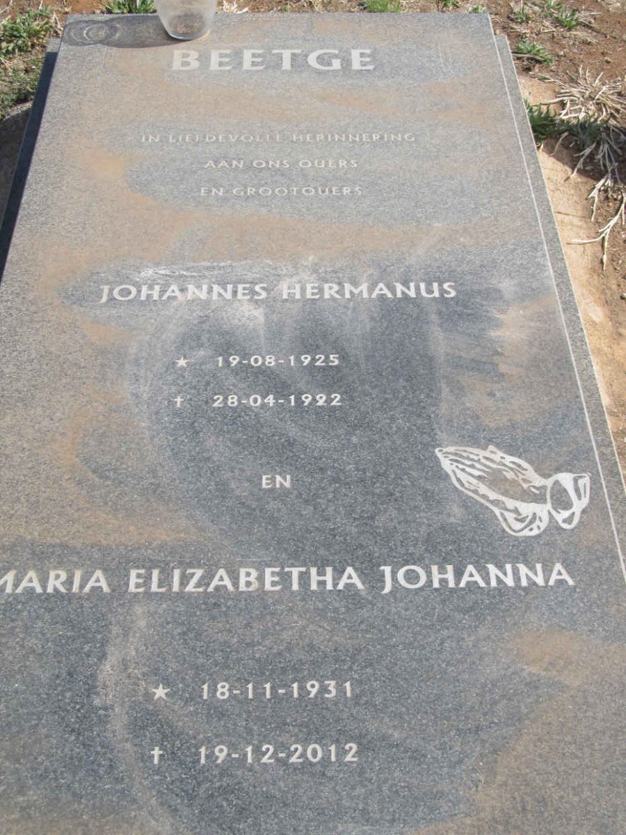 BEETGE Johannes Hermanus 1925-1992 &amp; Maria Elizabetha Johanna 1931-2012
