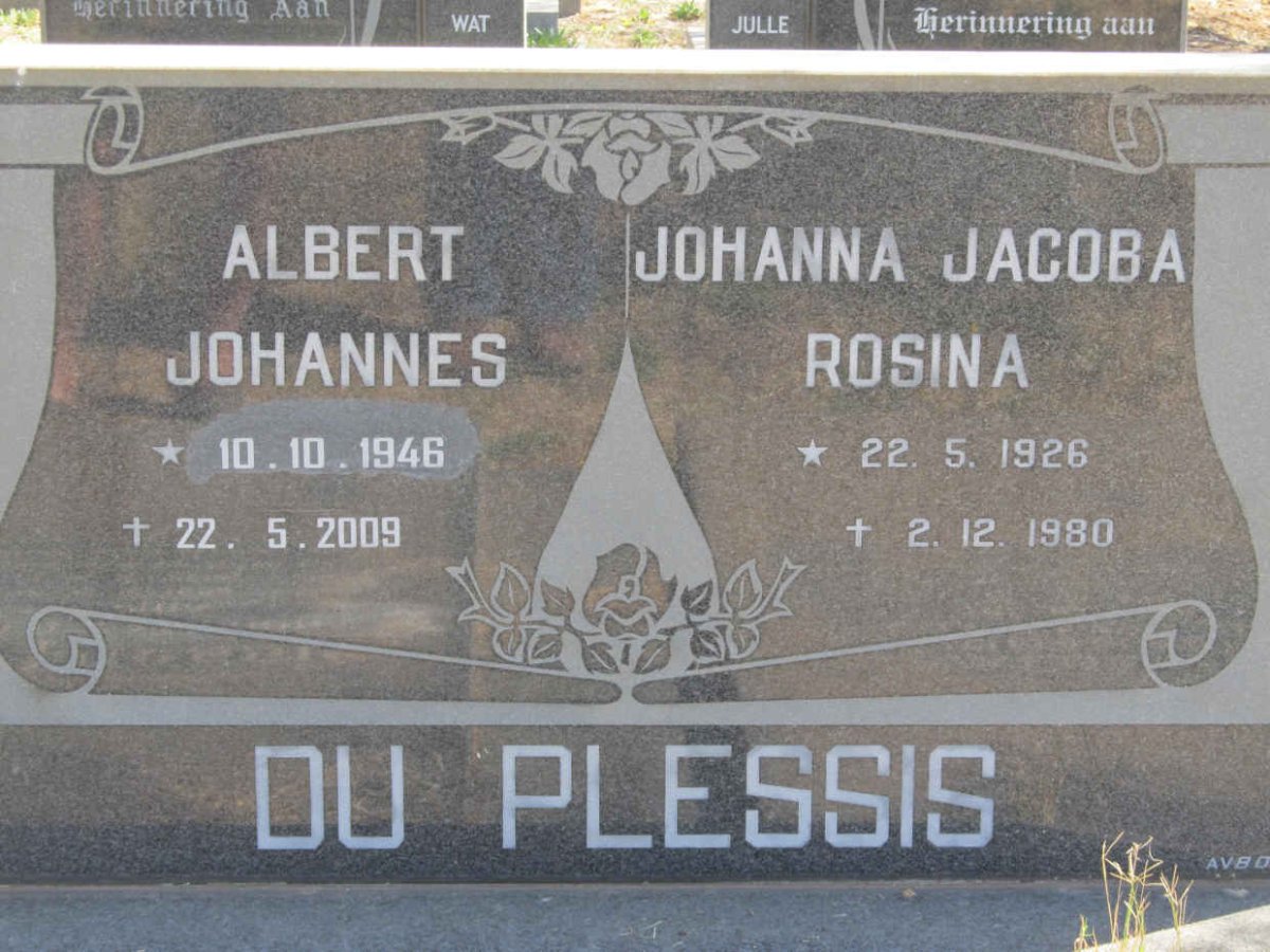 PLESSIS Johanna Jacoba Rosina, du 1926-1980 :: DU PLESSIS Albert Johannes 1946-2009