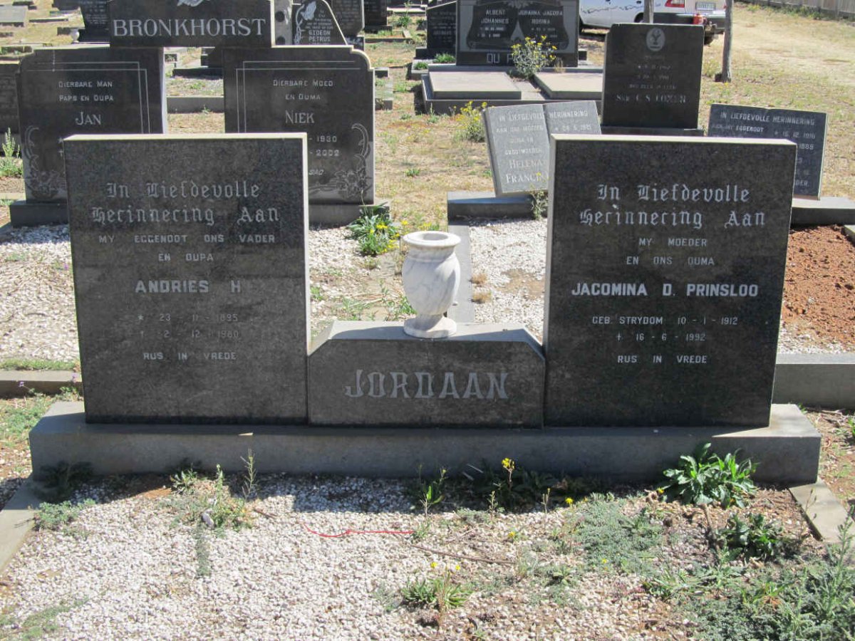 JORDAAN Andries H. 1895-1980 &amp; Jacomina D. Prinsloo STRYDOM 1912-1992