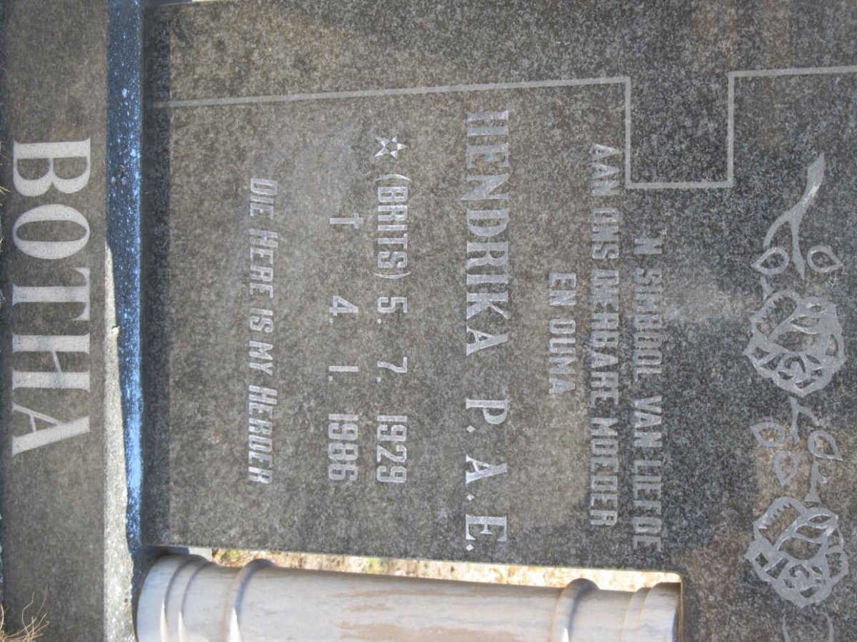 BOTHA Hendrika P.A.E. nee BRITS 1929-1986
