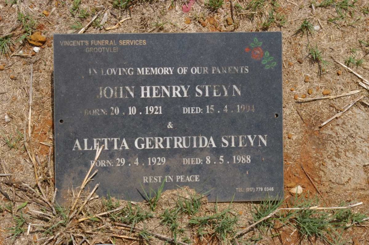 STEYN John Henry 1921-1994 &amp; Aletta Gertruida 1929-1988