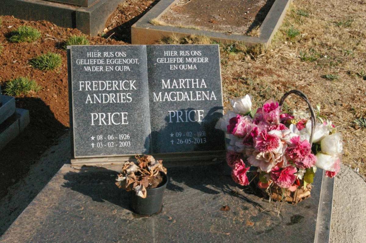 PRICE Frederick Andries 1926-2003 &amp; Martha Magdalena 1931-2013