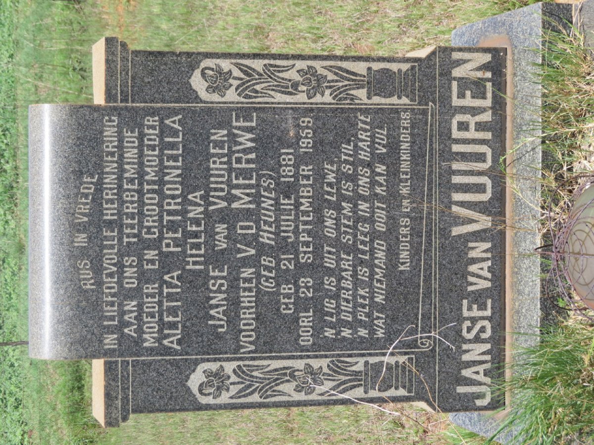 VUUREN Aletta Petronella Helena, Janse van formerly V.D. MERWE nee HEUNES 1881-1959