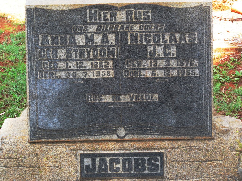 JACOBS Nicolaas J.G. 1876-1955 &amp; Anna M.A. STRYDOM 1882-1958