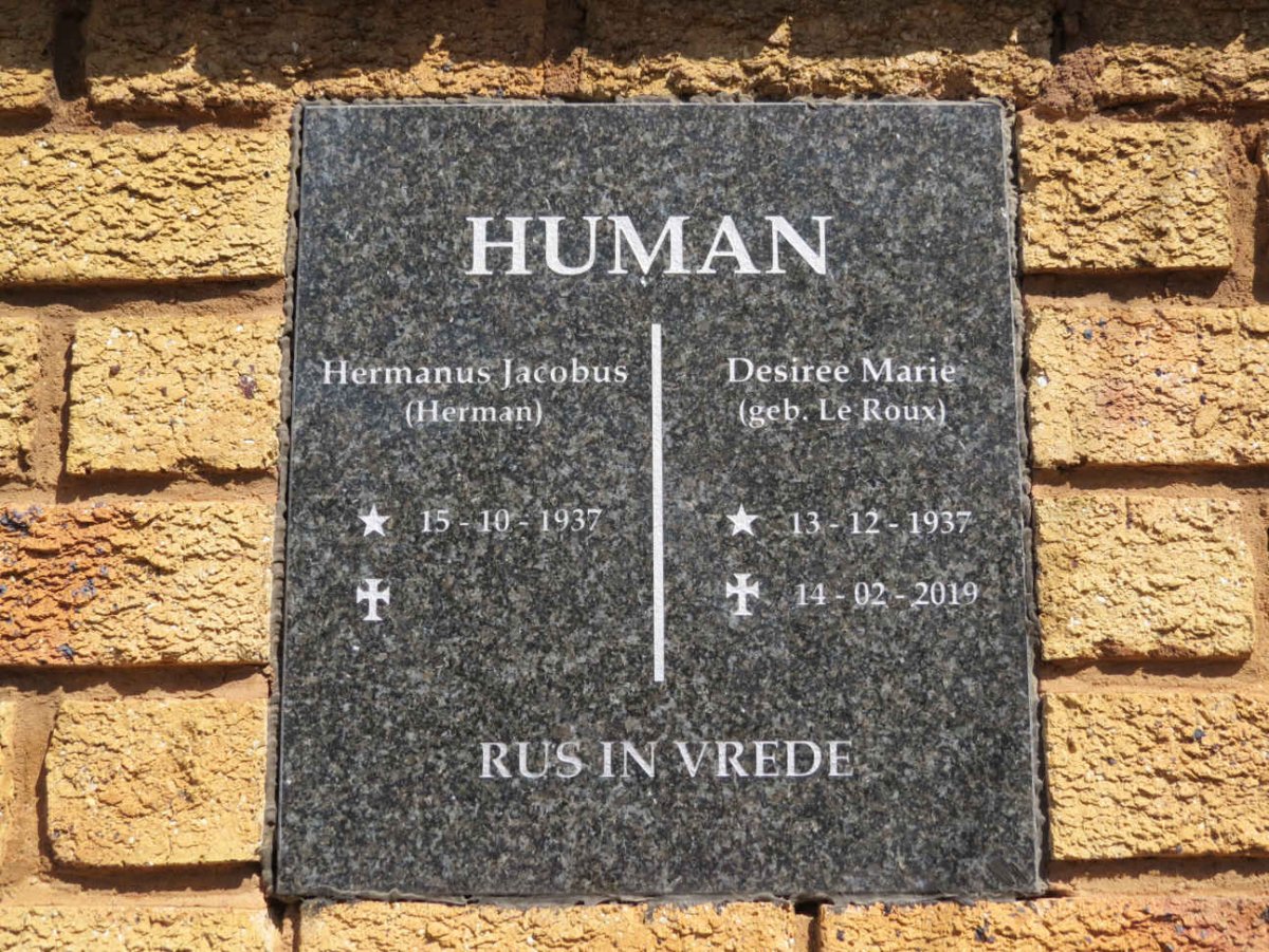 HUMAN Hermanus Jacobus 1937- &amp; Desiree Marie LE ROUX 1937-2019