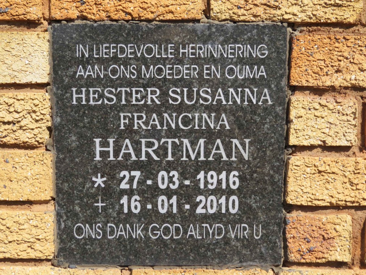 HARTMAN Hester Susanna Francina 1916-2010