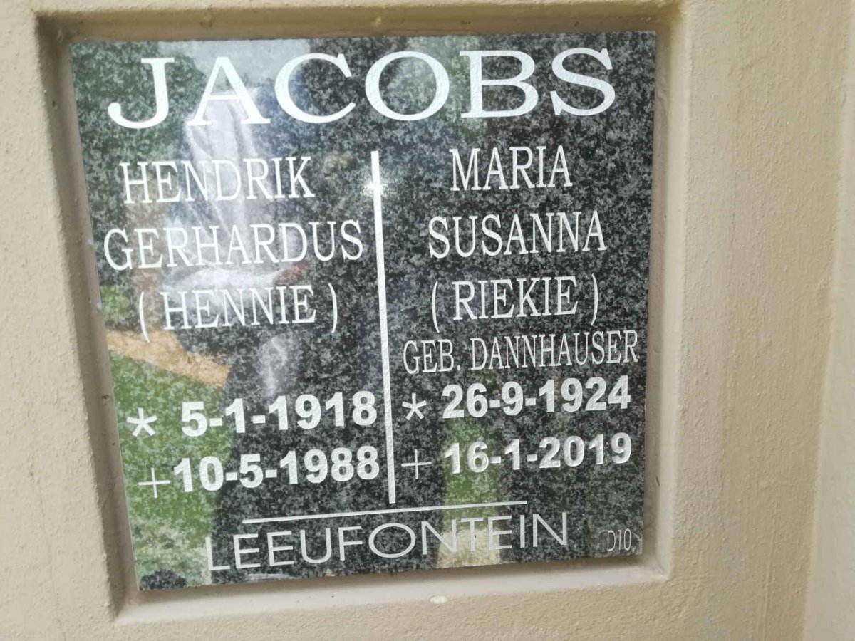 JACOBS Hendrik Gerhardus 1918-1988 &amp; Maria Susanna DANNHAUSER 1924-2019