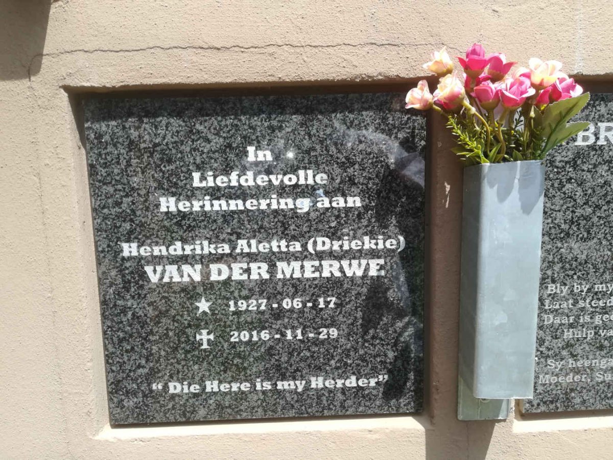 MERWE Hendrika Aletta, van der 1927-2016