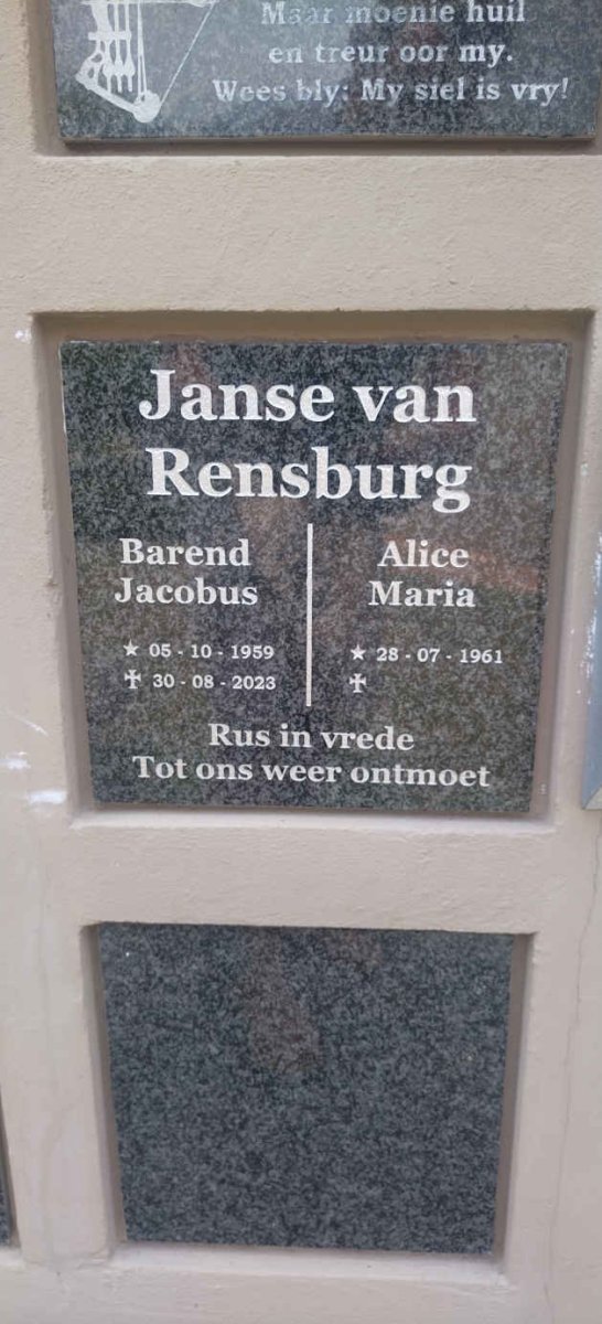 RENSBURG Barend Jacobus, Janse van 1959-2023 & Alice Maria 1961- 