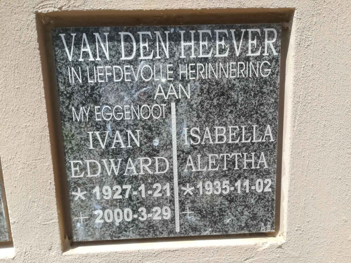 HEEVER Ivan Edward, van den 1927-2000 &amp; Isabella Alettha 1935-