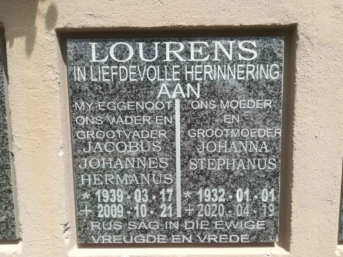 LOURENS Jacobus Johannes Hermanus 1939-2009 &amp; Johanna Stephanus 1932-2020