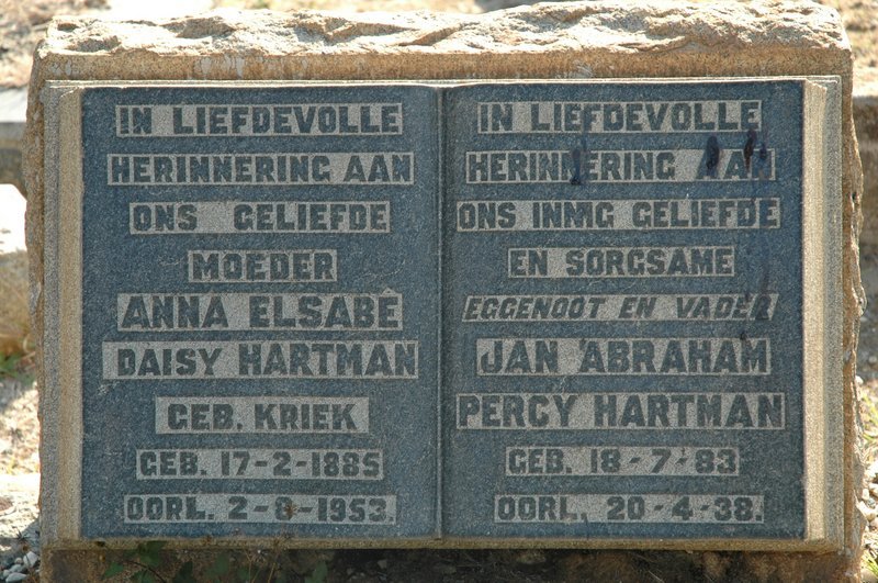 HARTMAN Jan Abraham Percy 1883-1938 &amp; Anna Elsabe Daisy KRIEK 1885-1953