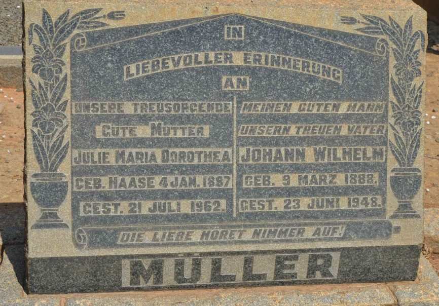 MULLER Johann Wilhelm 1888-1948 &amp; Julie Maria Dorothea HAASE 1887-1962