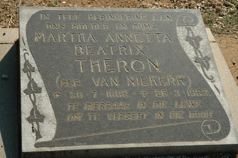 THERON Martha Annetta Beatrix nee VAN NIEKERK 1888-1983