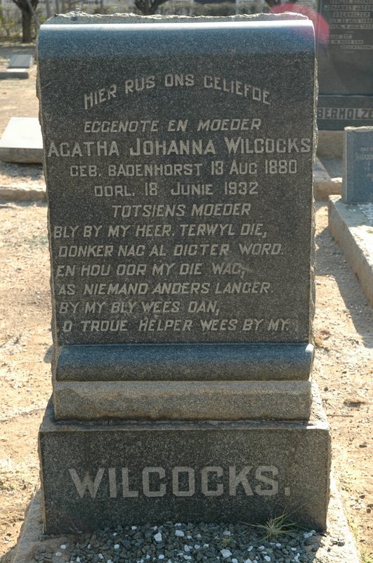 WILCOCKS Agatha Johanna nee BADENHORST 1880-1932