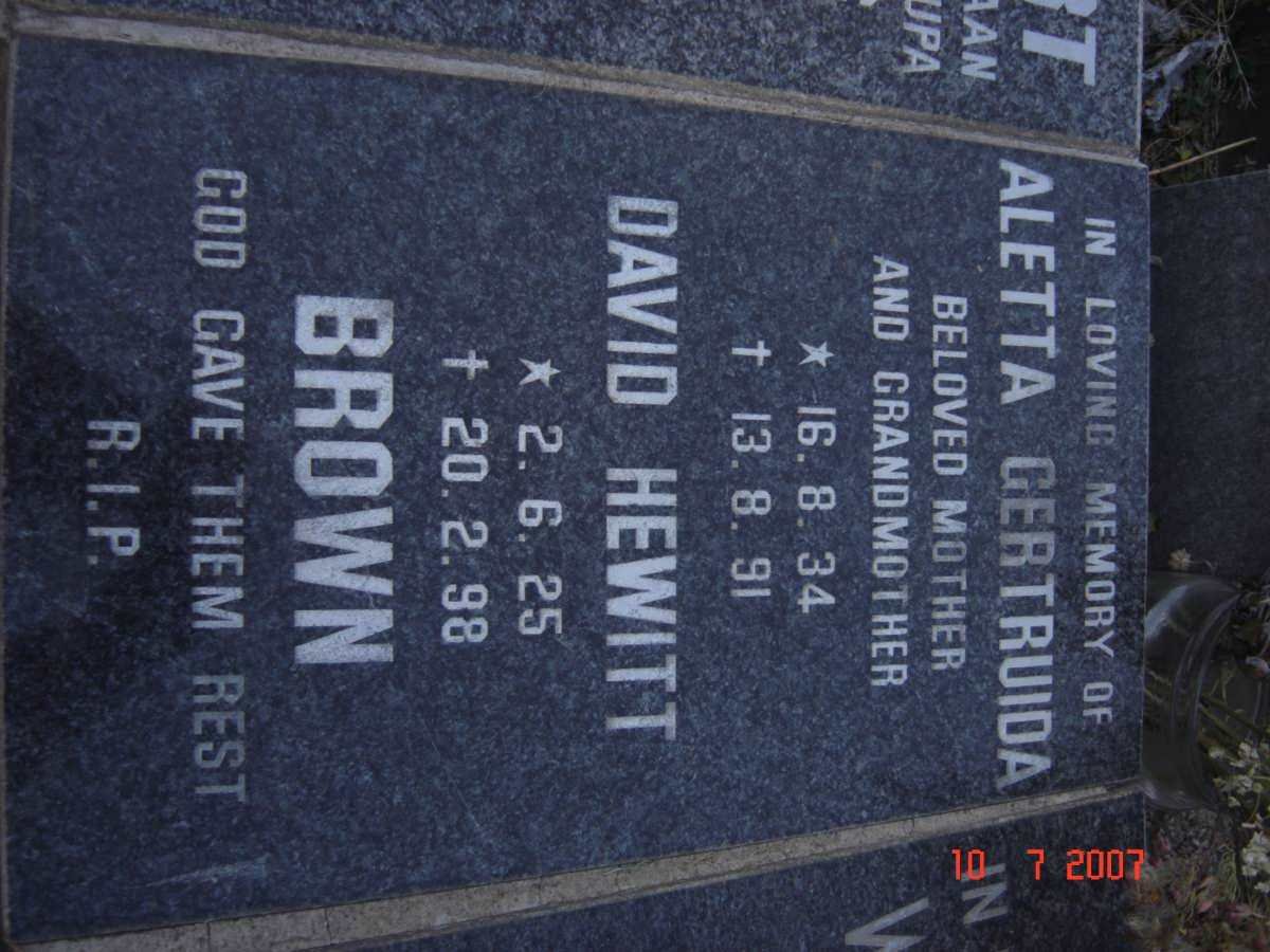 BROWN David Hewitt 1925-1998 &amp; Aletta Gertruida 1934-1991