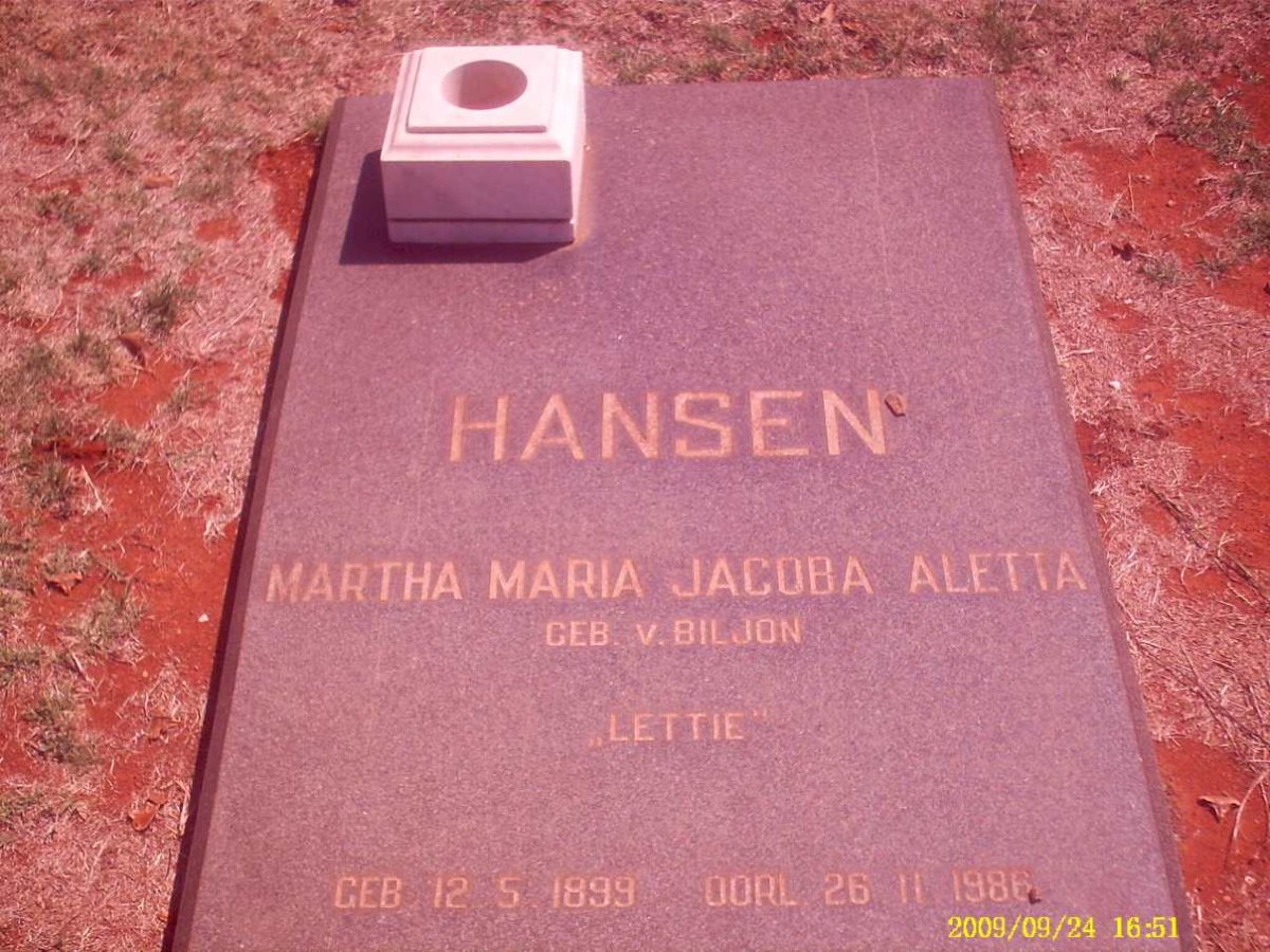 HANSEN Martha Maria Jacoba Aletta nee V. BILJON 1899-1986