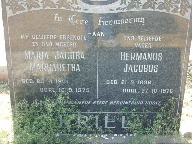 KRIEL Hermanus Jacobus 1896-1976 &amp; Maria Jacoba Margaretha 1901-1975