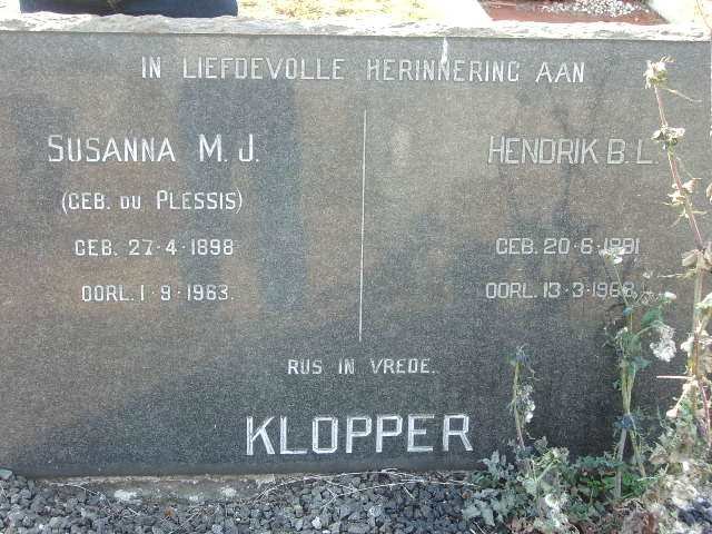 KLOPPER Hendrik B.L. 1891-1968 &amp; Susanna M.J.  DU PLESSIS 1898-1963