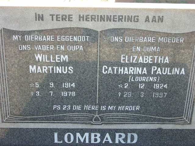 LOMBARD Willem Martinus 1914-1978 &amp; Elizabetha Catharina Paulina LOURENS 1924-1997