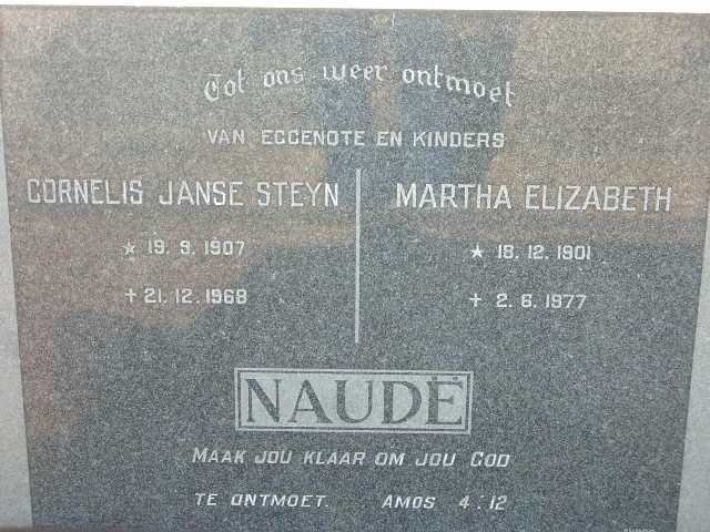 NAUDË Cornelius Janse Steyn 1907-1968 &amp; Martha Elizabeth 1901-1977