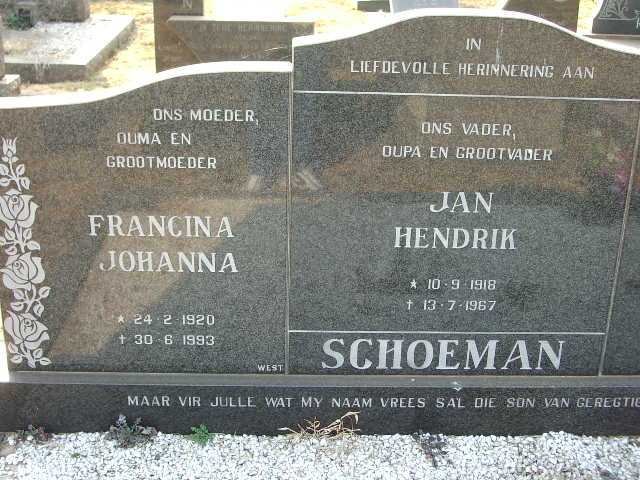SCHOEMAN Jan Hendrik 1918-1967 &amp; Francina Johanna 1920-1993