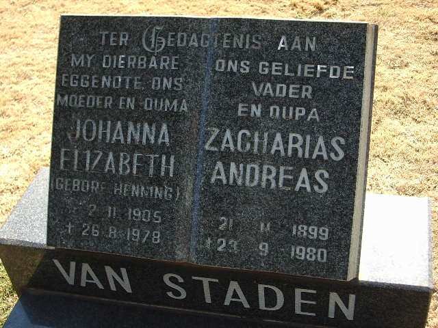 STADEN Zacharias Andreas, van 1899-1980 &amp; Johanna Elizabeth HENNING 1905-1978