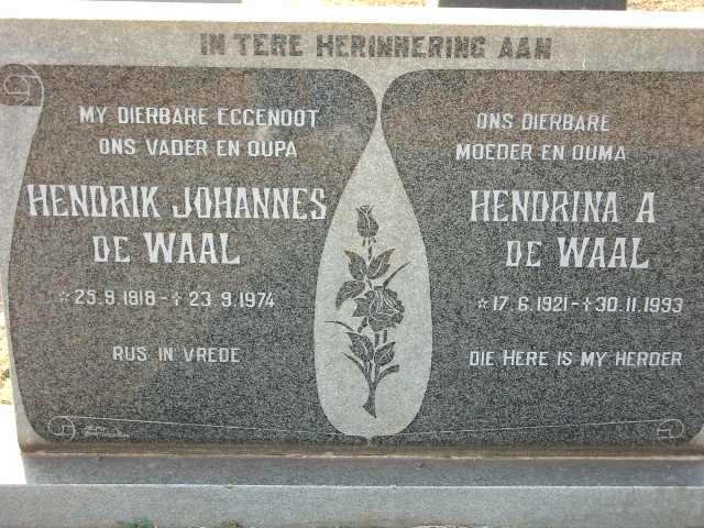WAAL Hendrik Johannes, de 1918-1974 &amp; Hendrina A. 1921-1993